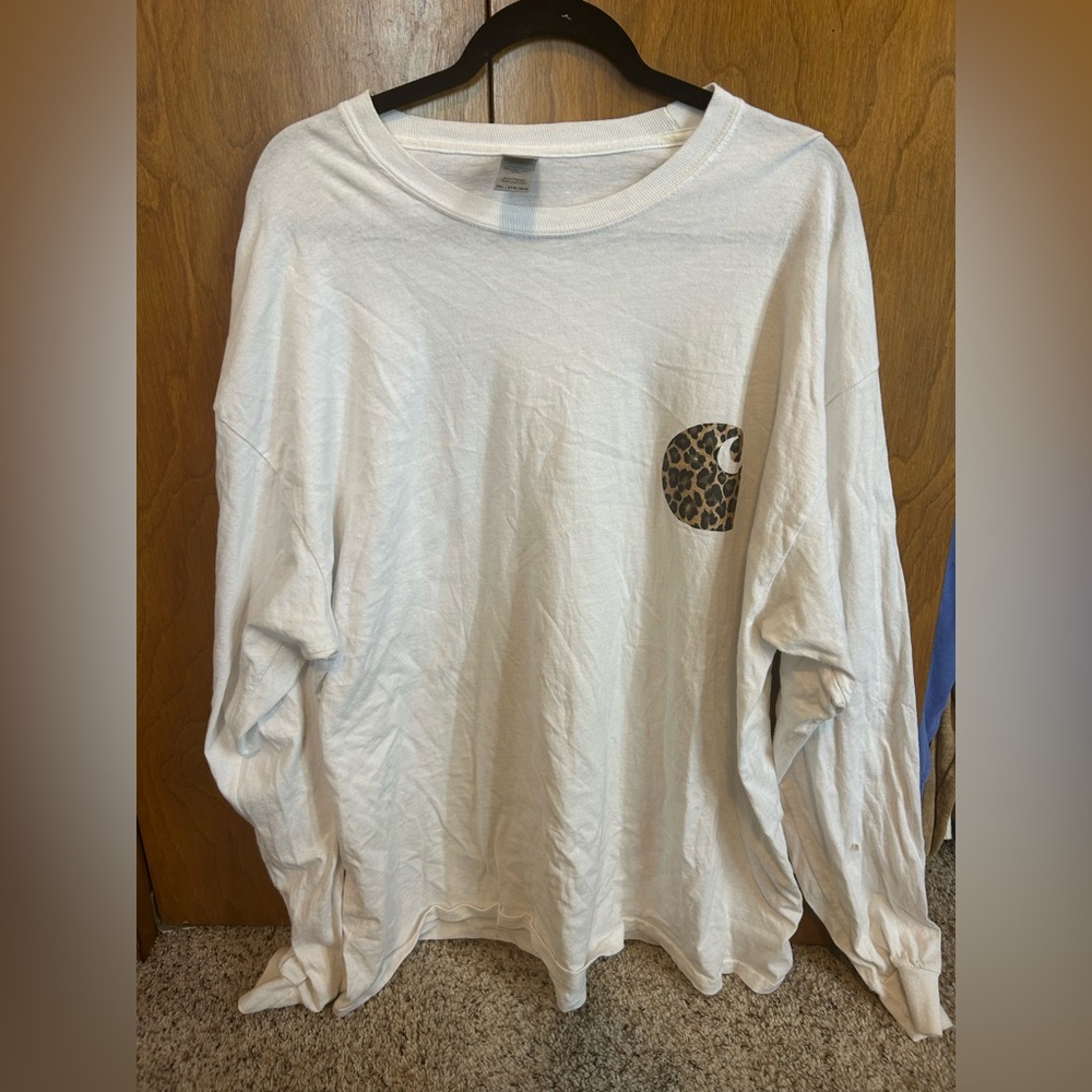 Women’s White Long Sleeve Shirt with Leopard Print Carhartt Logo